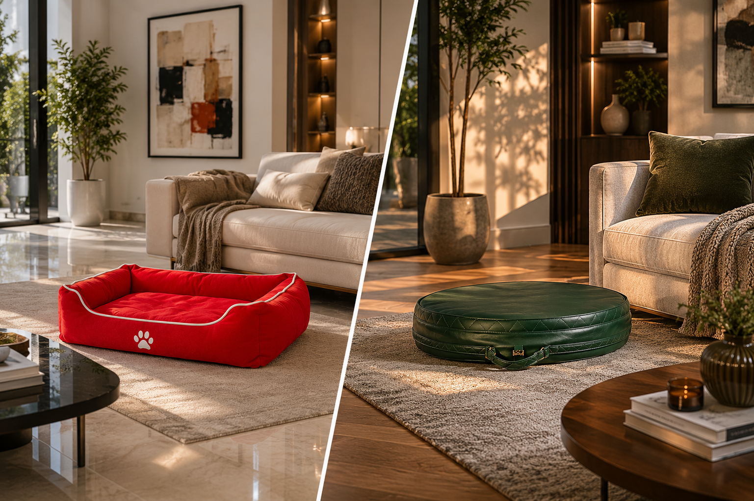 Two living room scenes with a red pet bed and a green ottoman.